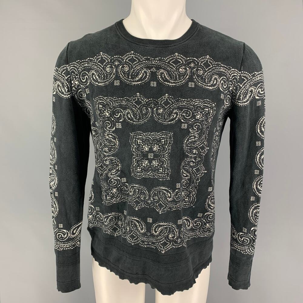 GIVENCHY Size S Black White Paisley Silk Distressed Pullover